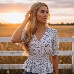 Sienna Sky M White Floral Top Peplum Smocked Cottage Coquette Boho Chic Coastal